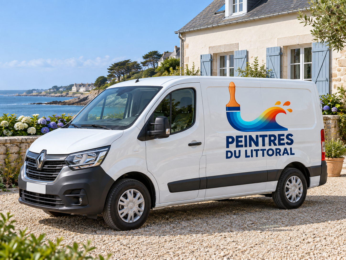 Illustration d’un camion blanc de chantier aux couleurs des Peintres du Littoral