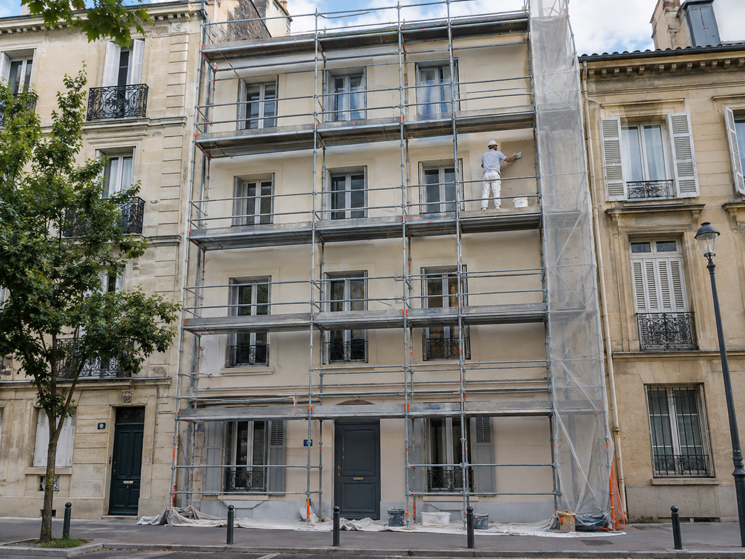 Ravalement d’un immeuble de centre-ville avec échafaudage