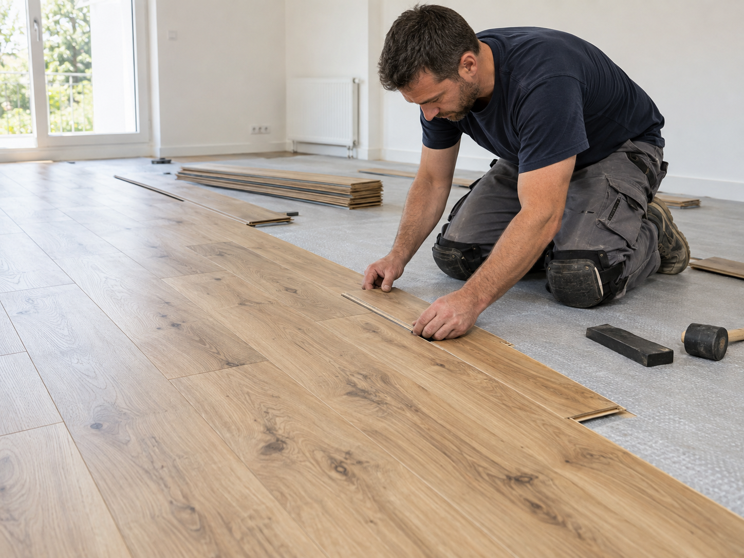 Artisan posant un revêtement de sol aspect parquet